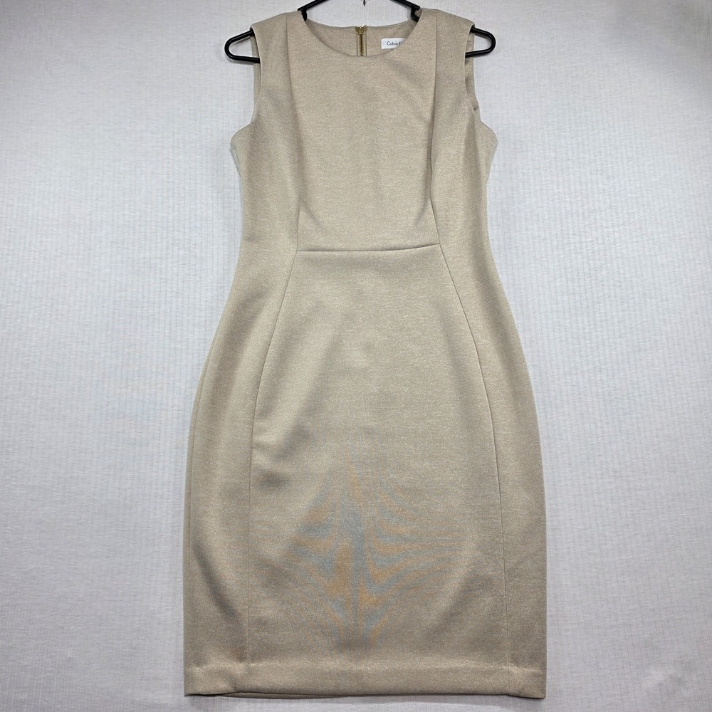 Calvin Klein Tan Sheath Dress 6 Sleeveless Exposed Zipper Workwear Minimalist